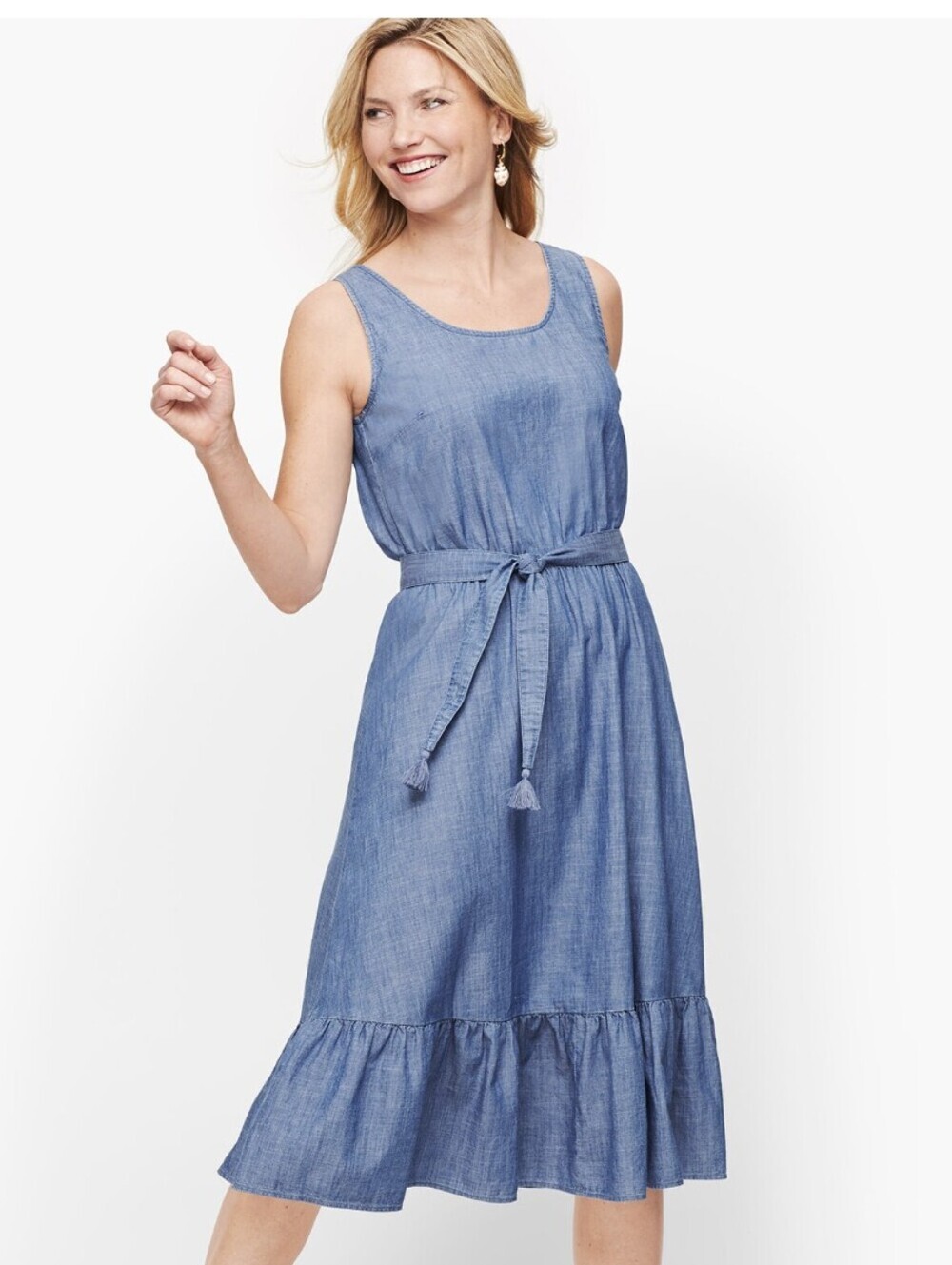 Talbots Sleeveless Blue Chambray Summer Dress with Waist Tie Size 14